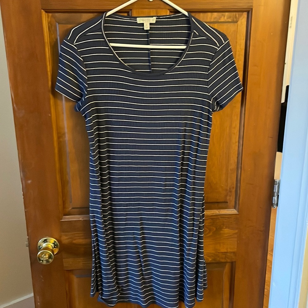 Blue and white striped scoop neck t shirt mini dress
